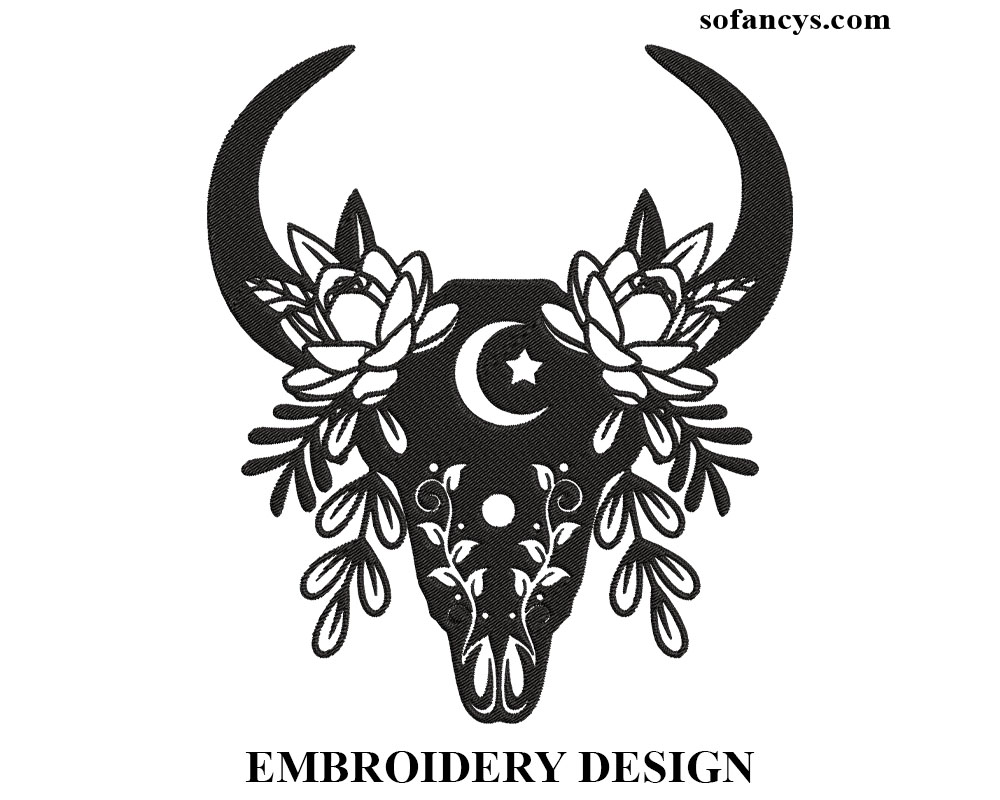 Cow Skull Floral Embroidery Design