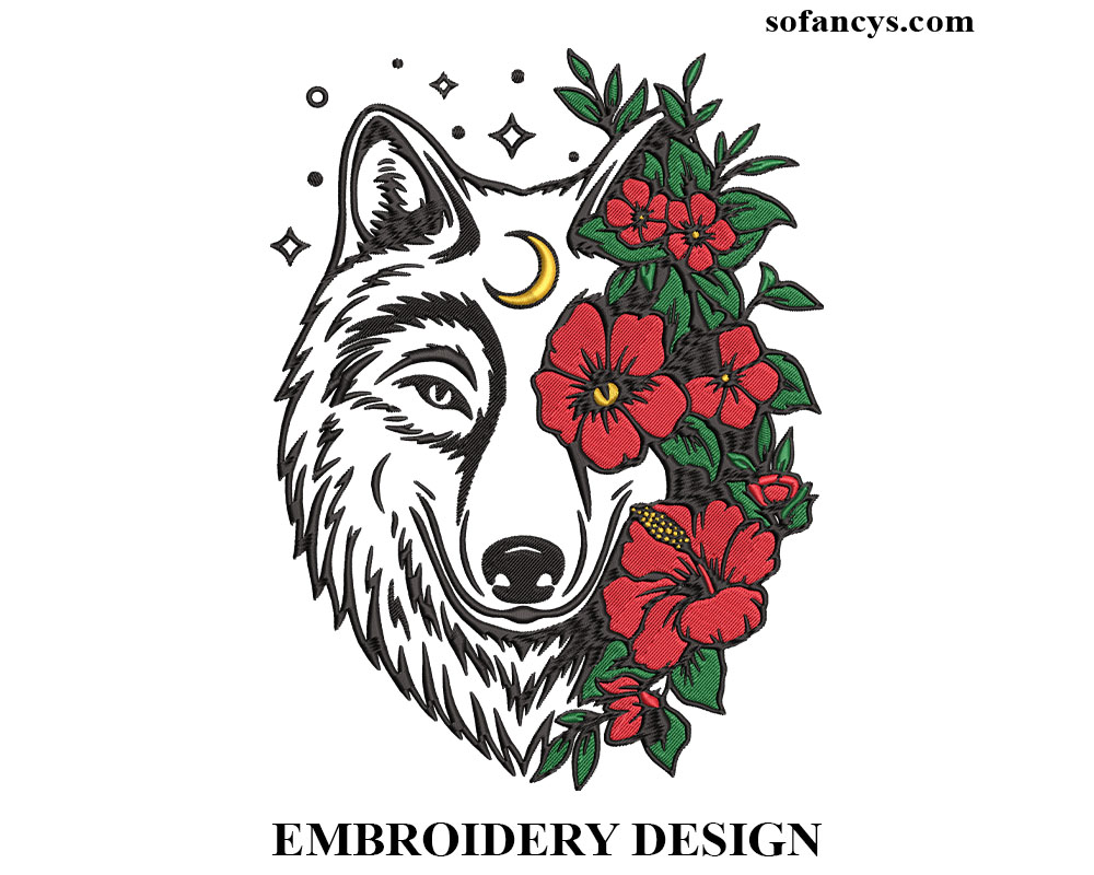 Wolf With Flowers Embroidery Design