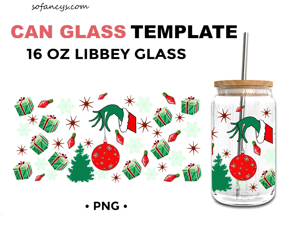 Grinch Hand With Ornament 16oz Libbey Glass Can Wrap