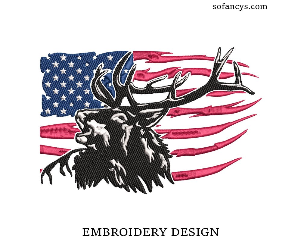 American Flag Elk Embroidery Design